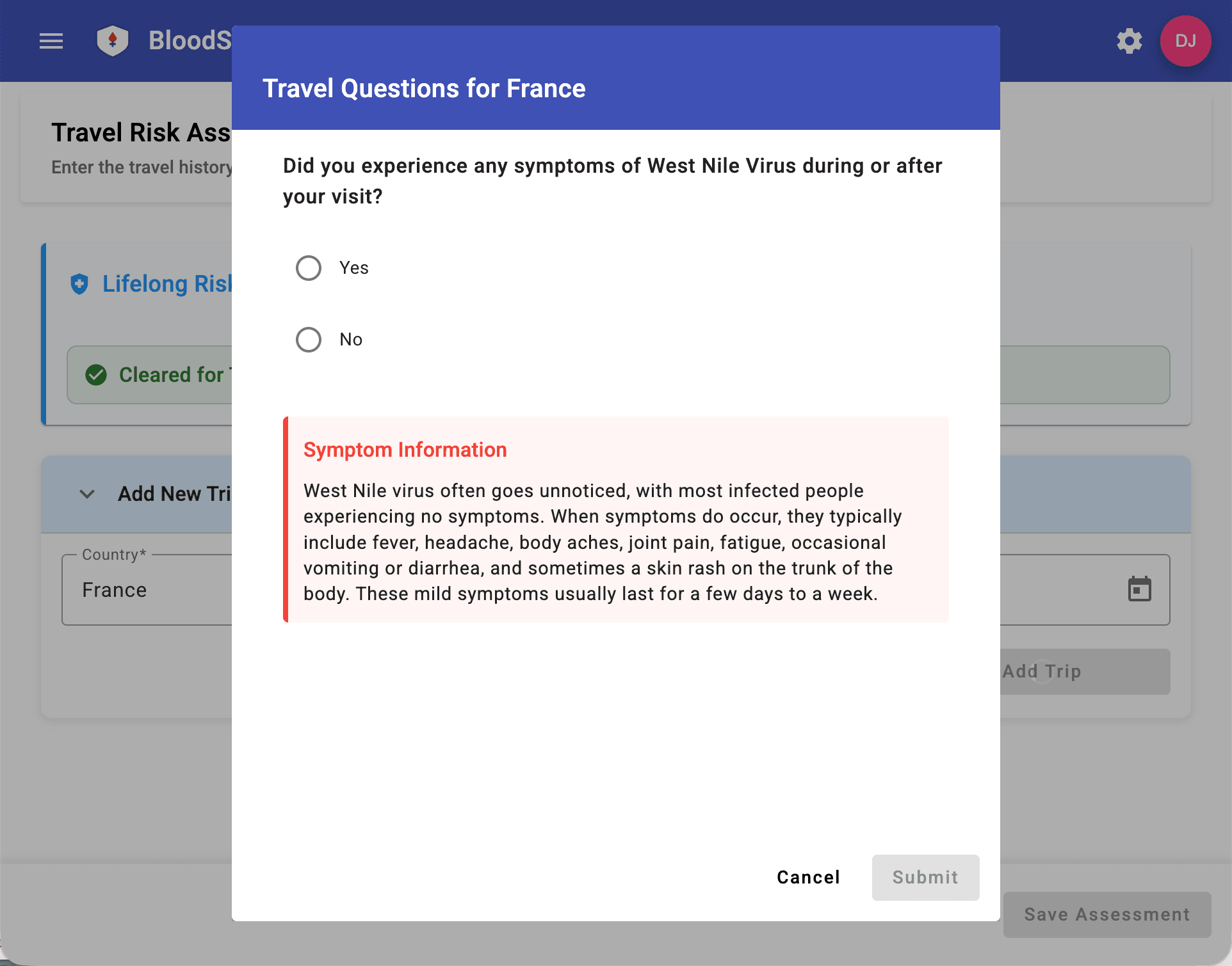 Symptom-based follow-up questions for identified travel risks