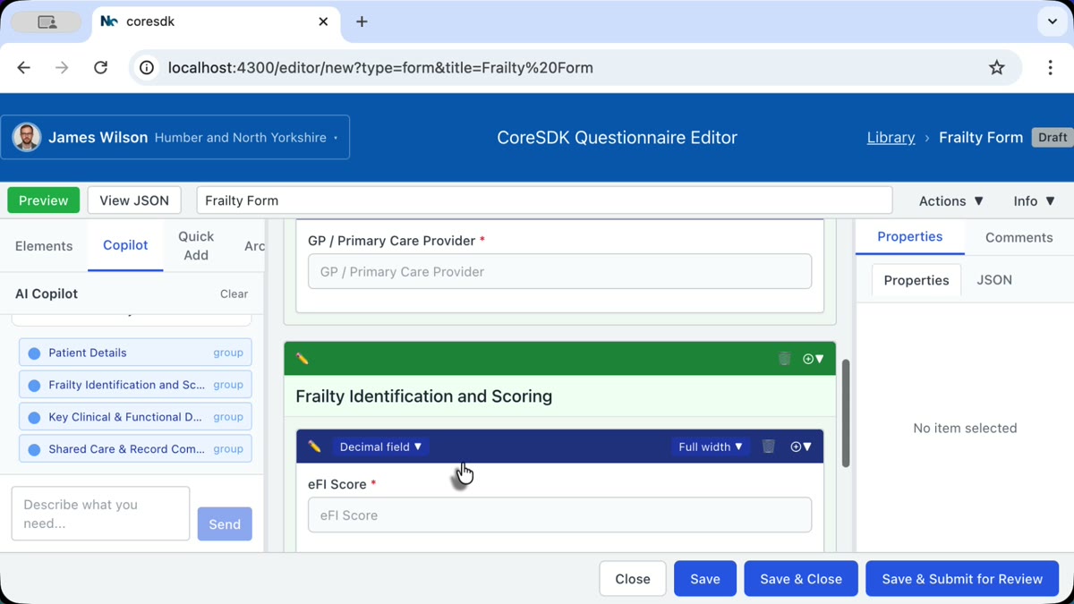 Core SDK v2 editor showing AI-generated FHIR Questionnaire sections
